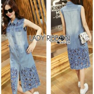 🎀 Lady Ribbons Made 🎀 Lady Shannon Embroidered and Laser-Cut Denim Shirt Dress #เชิ้ตเดรสผ้าเดนิมปักและฉลุลาย