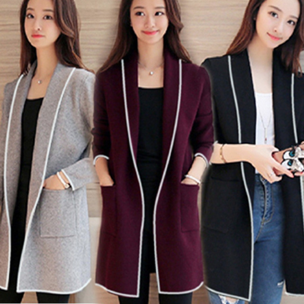 Korean เสื้อคลุมแขนยาว แต่งกุ้นขอบ 3 สี