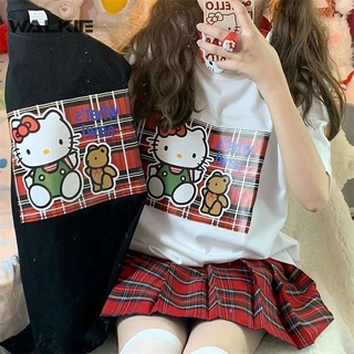 SANRIO Walkie เสื้อยืดแขนสั้น ผ้าฝ้าย ทรงหลวม พิมพ์ลาย Hello Kitty แฟชั่นฤดูร้อน สไตล์ฮาราจูกุ สําหรับผู้หญิง