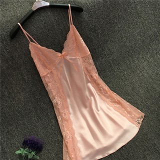 SZ1289 ชุดนอน Premium สายเดี่ยวลูกไม้ข้างสีชมพูพีช