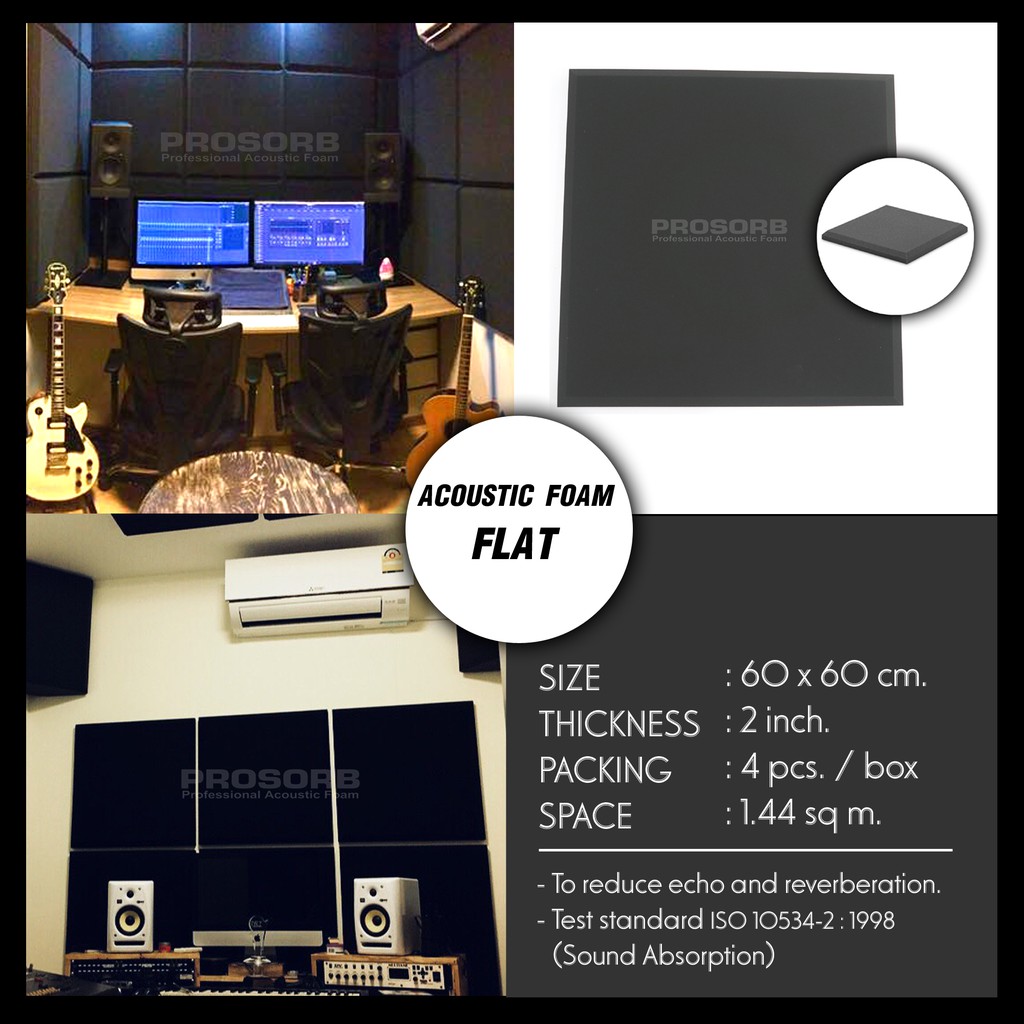 (4 ชิ้น/แพ๊ค) แผ่นฟองน้ำซับเสียง Acoustic Foam FLAT พื้นเรียบตัดขอบเฉียง ลดเสียงก้องสะท้อน Prosorb