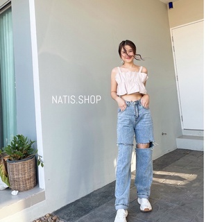 กางเกงยีนส์ ทรงบอยวินเทจ กรีดเข่า 2 ข้าง NATIS SHOP