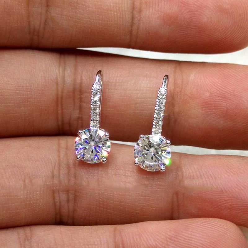 100% Solid 925 เงินสเตอร์ลิงเรียบง่ายสไตล์รอบ Cubic Zircon Drop ต่างหูผู้หญิงงานแต่งงานอุปกรณ์เสริมหญิง Brilliant เครื่องประดับ