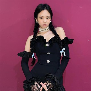 Blackpink Jennie ชุดจัมพ์สูทสําหรับสตรีเซ็กซี่แขนยาวเปิดไหล่