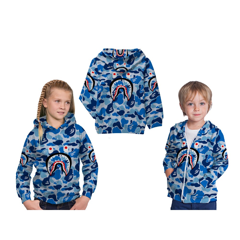 TiniShop - Bape Shark Hoodie / Bape Shark 3D เสื้อแจ็คเก็ตมีฮู้ดเด็กพิมพ์ลายเต็มรูปแบบ / Bape Shark