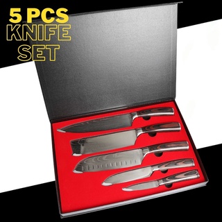 5 Pcs Knife Set ชุดมีด 5 ชิ้น มีดทำครัวสแตนเลสสไตล์ญี่ปุ่น ด้ามไม้แท้ ใบมีดลายเลเซอร์ดามัสกัส คมกริบ ทนทาน เกรดพรีเมี่ยม