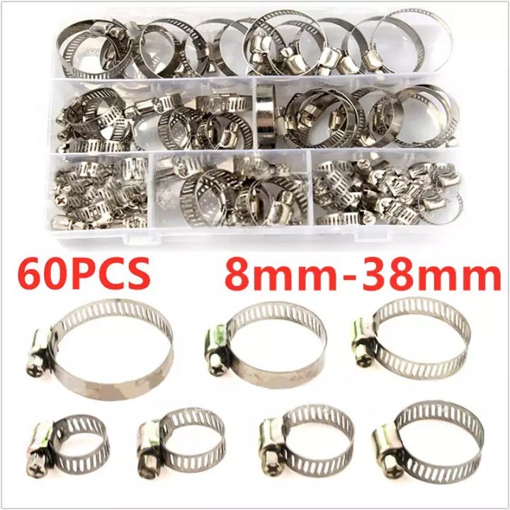 SKU-C002 แคลมป์รัดท่อน้ำท่อลม แสตนเลส ปรับขนาดได้ มีไซส์ 8-38 มม. รวม 60 ชิ้น