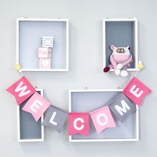 [พร้อมส่ง] ป้ายธงผ้า Welcome โทนชมพู Handmade ประดับด้วยลูกปัดไม้ เชือกยืดได้ แข็งแรง ป้ายสำหรับงานเลี้ยง งานปาร์ตี้