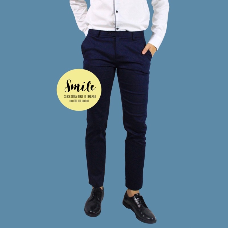 SMILE กางเกงชายขายาว ทรงเดฟ ผ้าซาตินยืด สีกรม