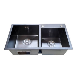 Kitchen sink,stainless steelซิงค์ล้างจาน 2 หลุม(แบบฝัง)สแตนเลส201 ซิงค์สีดำ+สะดือ+ชุดท่อน้ำทิ้ง+ตะแกรงชั้นวางSKB-667