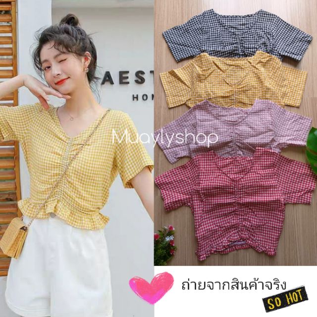 🔥Sale🔥ถูกสุด🔥เสื้อครอปแขนสั้น ย่นอก ชายระบายมีลายสก็อต&สีพื้น เสื้อลินิน เสื้อครอปคอวี