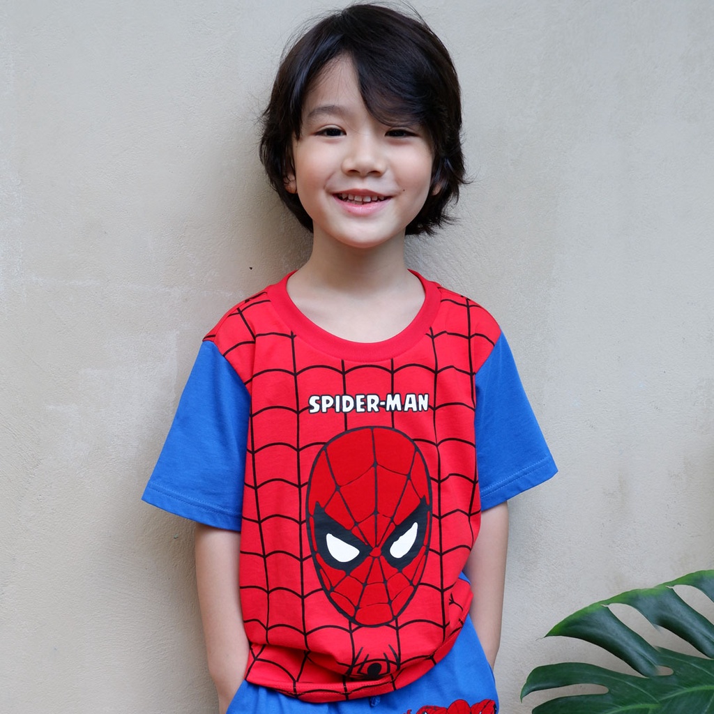 Marvel Boy Spider-Man Flock Print T-shirt&Shorts - เสื้อยืดเด็กและกางเกงพิมพ์กำมะหยี่ลายสไปเดอร์แมน เด็ก1-9ปี