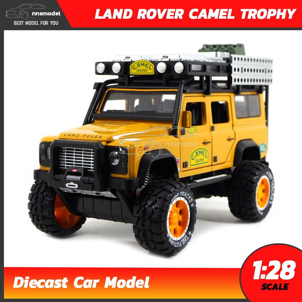 โมเดลรถ LAND ROVER CAMEL TROPHY สีน้ำตาลเหลือง (Scale 1:28) โมเดลรถมีเสียงมีไฟ ประกอบสำเร็จ พร้อมตั้งโชว์
