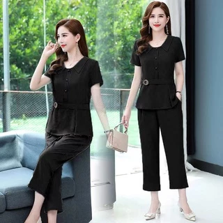 ชุดเซ็ทผู้หญิง 2ชิ้น สีพื้น เสื้อแขนสั้นคอปก+กางเกง9ส่วน เนื้อผ้านิ่ม หลวมใส่สบาย ชุดลำลอง ชุดทำงาน