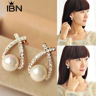 ต่างหูไข่มุกของผู้หญิง Ibn Faux ต่างหู Cross Rhinestone Wedding Gift