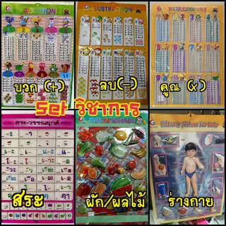 โปสเตอร์พลาสติก แผ่นความรู้ set วิชาการ 6หมวด +/-/x/สระ/ผลไม้/สัตว์