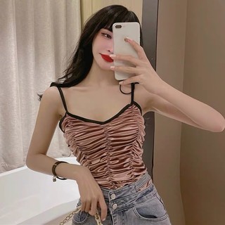 Women🍥พร้อมส่ง🍥เสื้อสายเดี่ยวแต่งหย่น ผ้ากำมะหยี่ (10012)