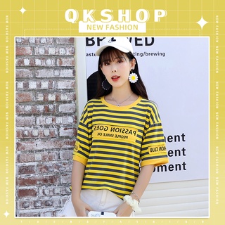 QKshop ✨เสื้อยืดคอกลมแขนสั้นลายทางสลับสีขาว มีให้เลือกถึง 11 สี แต่งตัวง่ายๆแมทช์เข้ากับทุกการแต่งตัว🥰🛍️