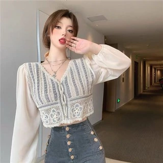 ส่งทันที Ciciเสื้อแขนยาวไหมพรมถักแต่งลายฉลุซีทรูดอกไม้​ สีโทนอุ่น​สีพื้น(A11)