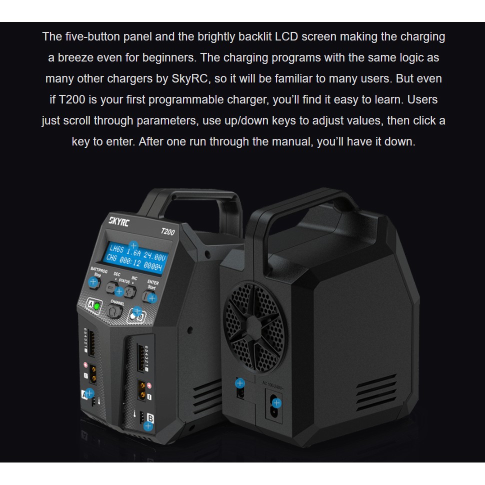 SkyRC T200 Duo AC/DC charger (2x100W) เครื่องชาร์จแบตเตอรี่ LiPo / LiHV / Lilon / LiFe / NiCd / NiMH / Pb 🎉ของแท้🎉