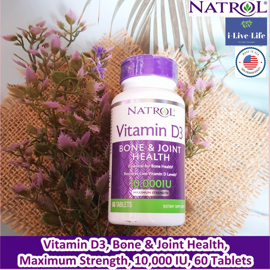 วิตามินดี3 Vitamin D3, Bone &amp; Joint Health Maximum Strength 10,000 IU 60 Tablets - Natrol D 3 D-3