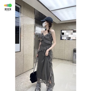 &lt;NOBODYS land} long gray chiffon dress with H style vintage summer 2022 for women