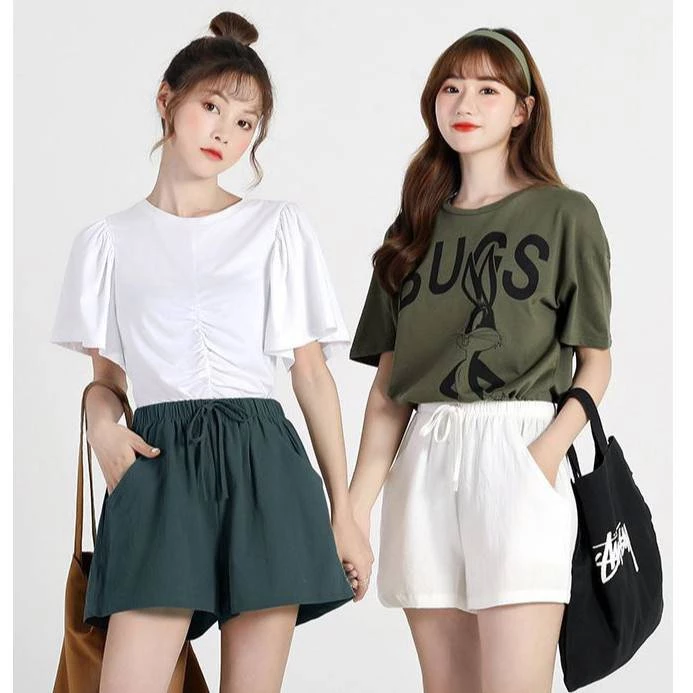 กางเกงขาสั้นผู้หญิง ผ้าลินิน ผสมผ้าฝ้าย สไตล์เกาหลี ใส่สบาย ขากว้าง JK000