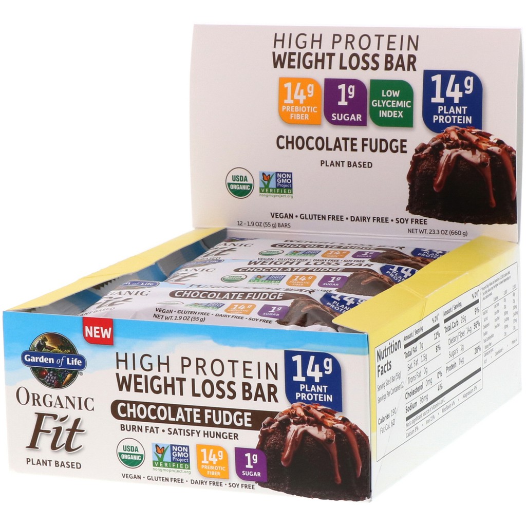 Garden of Life, Organic Fit, High Protein Weight Loss Bar, Chocolate Fudge, 12 Bars, 1.9 oz (55 g) E