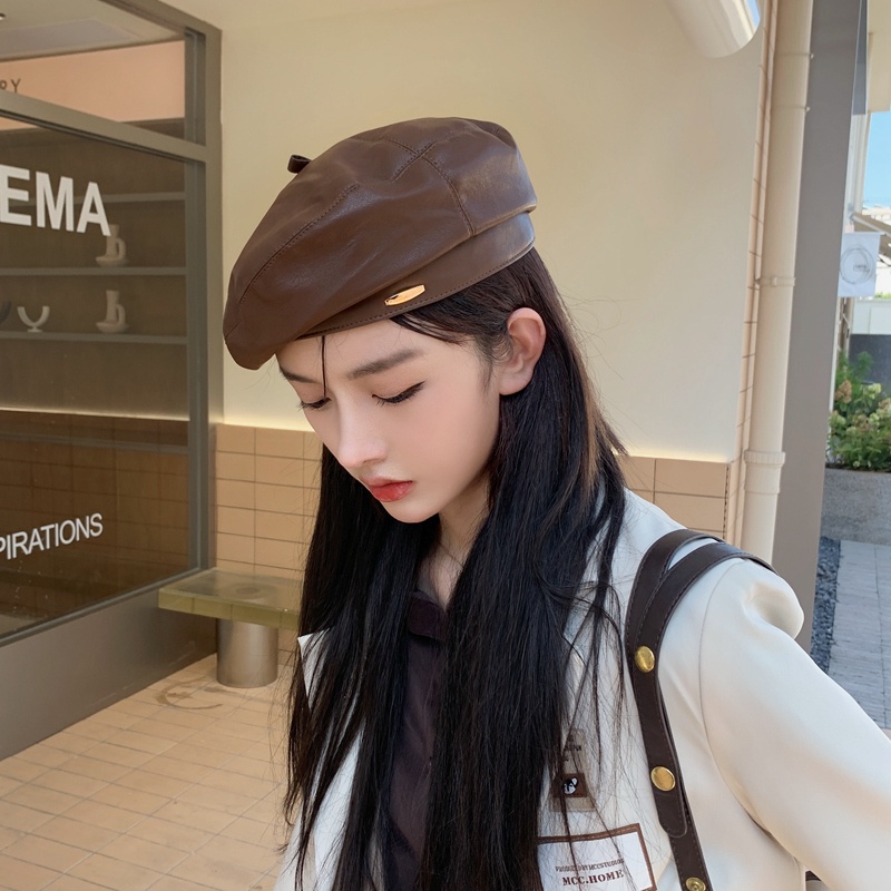 จาก Zuo Original Design Niche pu หนัง Beret สไตล์เกาหลี All-Match Beret ฤดูใบไม้ร่วงฤดูหนาวหนัง ins จิตรกรหมวกหญิง