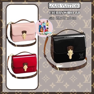 LOUIS VUITTON Cherrywood BB กระเป๋าถือหนังสิทธิบัตรและผ้าใบคลาสสิกเก่าดอกไม้ที่ถอดออกได้ปรับสายคล้องไหล่ไหล่ crossbody