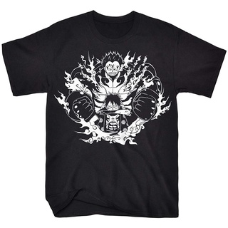 ROUNDคอลูกเรือNeckเสื้อยืด ผ้าฝ้าย พิมพ์ลายอนิเมะ One Piece Luffy Gear 4 สําหรับผู้ใหญ่-4XL