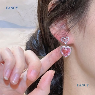 Fancy เครื่องประดับ ต่างหู จี้รูปหัวใจ ประดับเพทาย สีชมพูน่ารัก โรแมนติก สไตล์มินิมอล สําหรับผู้หญิง