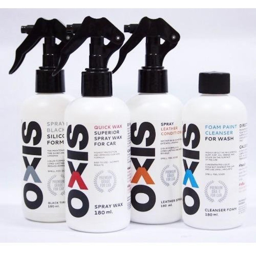 OXIS SPRAY WAX size mini 180ml. full set - 4 ขวด (Quick wax,Leather,Black Tire,Foam Paint Cleanser)