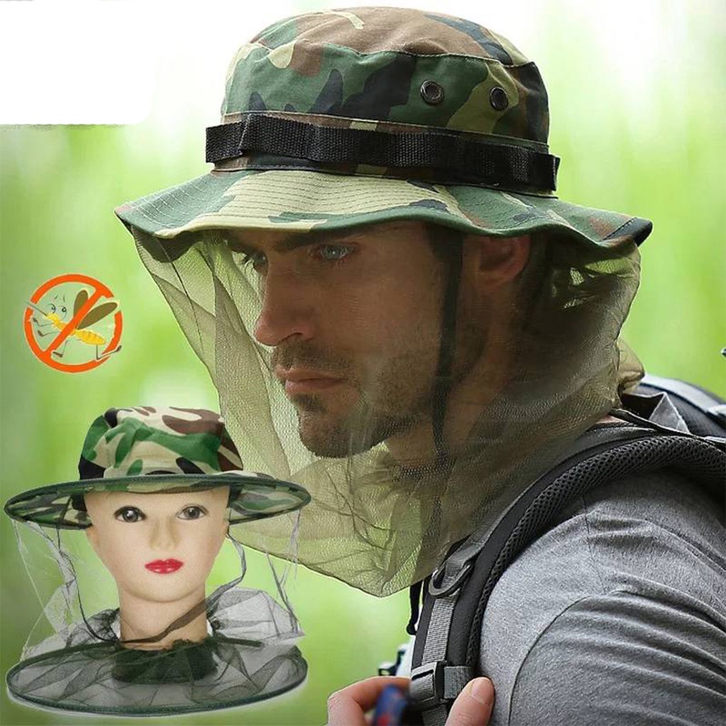 plawan หมวกป้องกันแมลง หมวกชาวสวนกันแมลงมีตาข่าย สีเขียวลายพราง ลายพราง หมวกทหาร