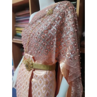 ชุดไทยสีโอรส​   ชุดไทยราคาถูก​ (หน้านาง+สไบ​เรียบ​+สไบ​กากเพชร​ปัก​มุข)​