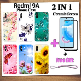 2 IN 1 Redmi 9A เคสโทรศัพท์ พร้อมกระจกนิรภัย เซรามิค ป้องกันหน้าจอ โค้ง ฟิล์มนิรภัย ผีเสื้อ