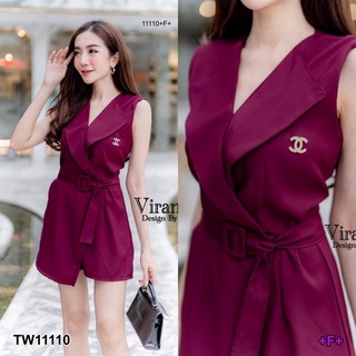 TW11110 Jumpsuit จั๊มสูทสั้นทรงเดรส คอปก ด้านในเป็นกางเกง ป้ายด้านหน้า เนื้อผ้าซาร่า มาพร้อมเข็มขัดผูกเอว