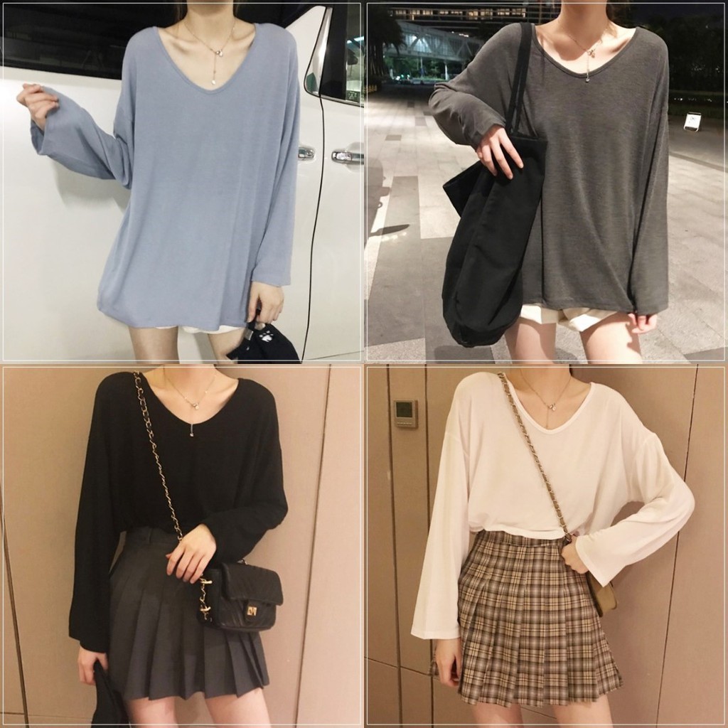 ราคาถูกที่สุด เสื้อยืดแขนยาวคอวีสีพื้น 4 สี ทรงโอเวอร์ไซส์