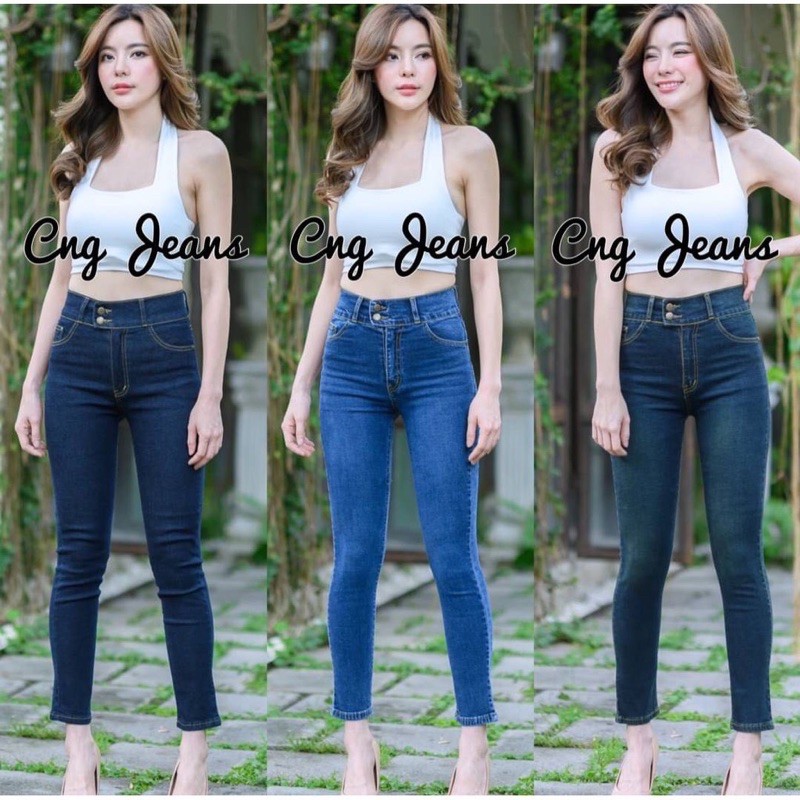 กางเกงยีนส์ขาเดฟ เอวสูงขอบหนาใส่แล้วเก็บทรง  งานป้าย Cng jeans