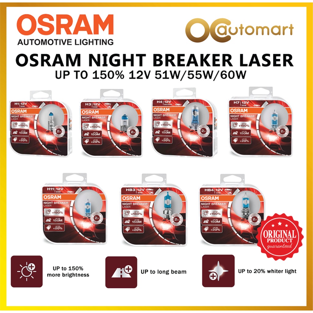 OSRAM Night Breaker เลเซอร์ 4TH Gen หลอดไฟไฟหน้า H1 H3 H4 H7 H8 H11 HB3 9005 HB4 9006 Lampu Mentol