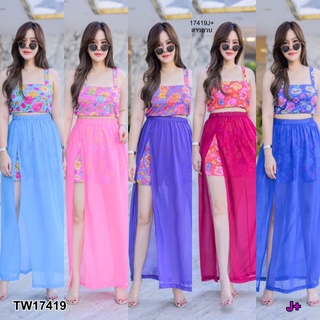 B17419 set 3 ชิ้น #สาวอวบ เสื้อสายเดี่ยวเสริมฟองน้ำ + กางเกงขาสั้น + กระโปรงชีฟอง Set of 3 pieces #chubby girl, one-shou