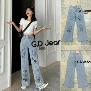 G.D.Jeans รุ่น 9005#กางเกงยีนส์ผ้าด้านทรงกระบอกใหญ่สีออนเล่นสกรีนลายการ์ตูนแบบน่ารัก ความยาว39นิ้ว 💦💦