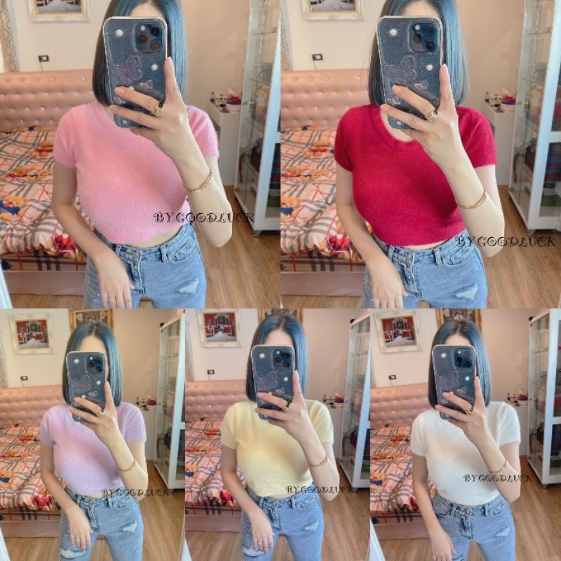 🌈Spinnyhouse🌈 เสื้อครอปขนมิ้งขอบ Croptop ไหมพรม ฟูๆ 🥰 รุ่น ใบสน B-017-3-A