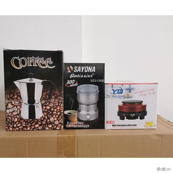 เครื่องชุดทำกาแฟ 3IN1 SKU CF 3/1 หม้อต้มกาแฟสด สำหรับ 6 ถ้วย / 300 ml +เครื่องบดกาแฟ + เตาอุ่นกาแฟ เตาขนาดพกพา เตาทำควา
