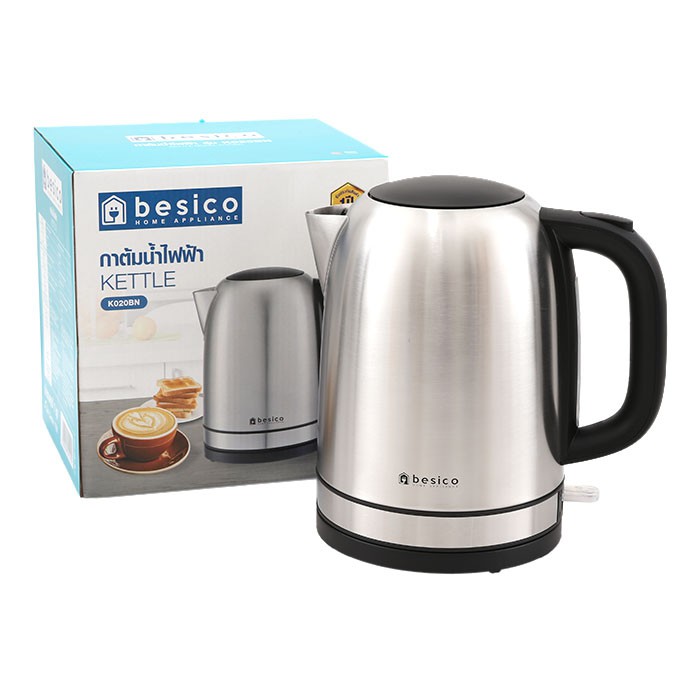 Besico กาต้มน้ำไฟฟ้า กาต้มน้ำร้อนสเตนเลส ไร้สาย ขนาด 1.7 ลิตร สีเมทัล