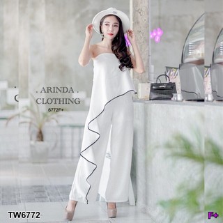 SS6772 Jumpsuit จั๊มสูทเกาะอก ระบายปล่อย พริ้ว