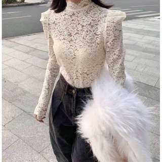 🎀🦋เสื้อลายลูกไม้ ออกแนวซีทรู คอเต่า