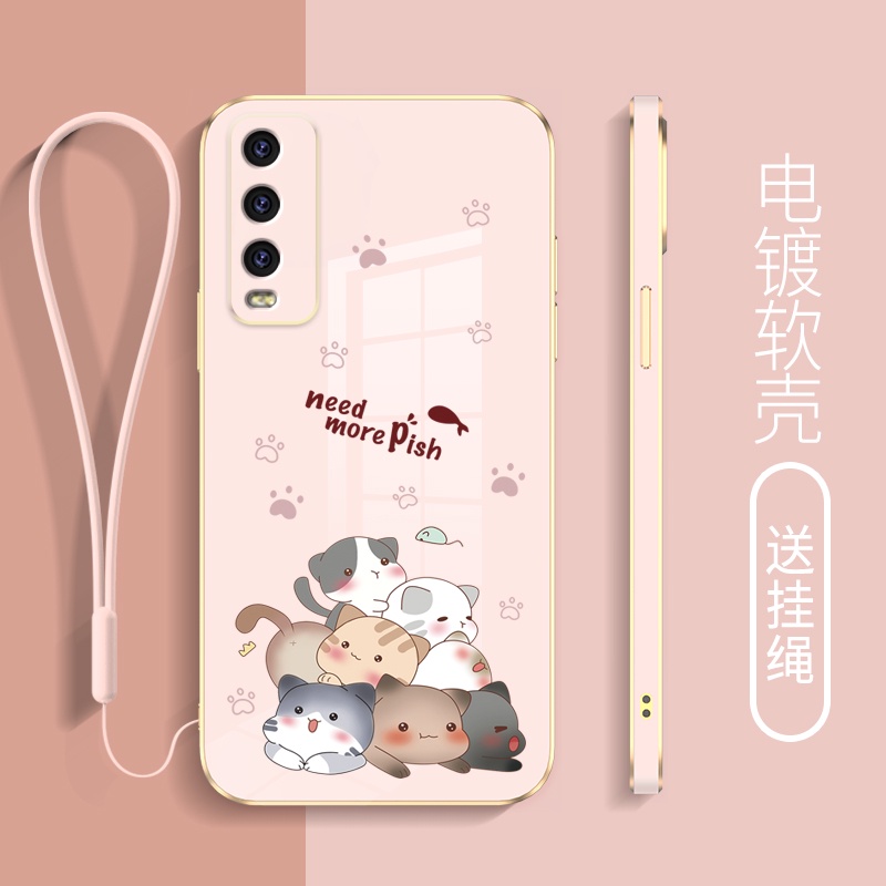 เคสโทรศัพท์มือถือ ขอบตรง กันฝุ่น กันรอยกล้อง ลายการ์ตูนแมว พร้อมสายคล้อง สําหรับ vivo y20 y12s y20s y20s g y20i y20 2021 y12a