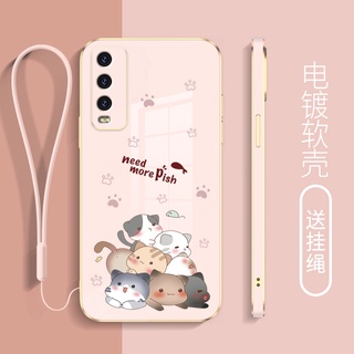 เคสโทรศัพท์มือถือ ขอบตรง กันฝุ่น กันรอยกล้อง ลายการ์ตูนแมว พร้อมสายคล้อง สําหรับ vivo y20 y12s y20s y20s g y20i y20 2021 y12a