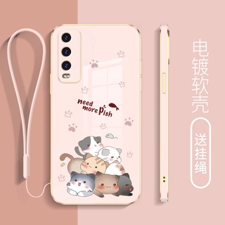 เคสโทรศัพท์มือถือ ขอบตรง ป้องกันกล้อง กันสิ่งสกปรก ลายการ์ตูนแมว พร้อมสายคล้อง สําหรับ vivo s1 s1 pro y50 y30 y30i y70s y70t